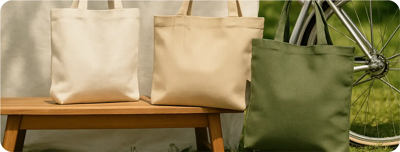 Beige and green EcoTote bags outdoors